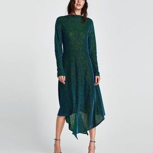 ZARA| Asymmetric hem Velvet POLKA DOT GREEN DRESS